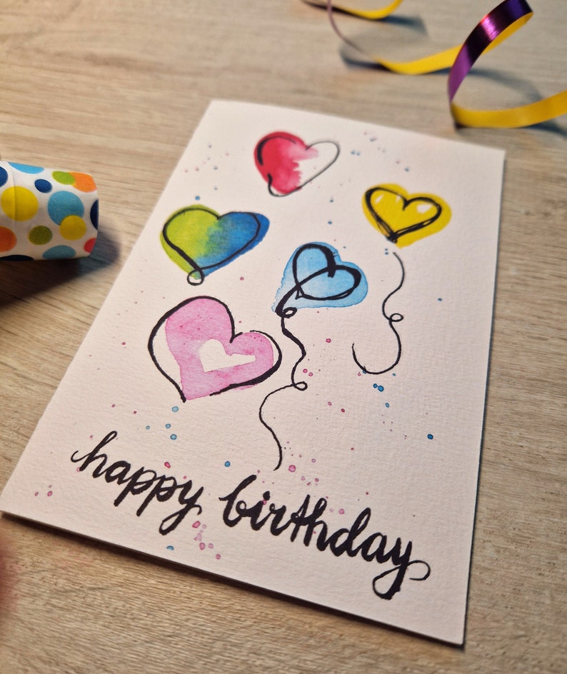 Watercolor birthday card Happy Birthday / birthday card / folding card / hearts / sketchy / colorful / birthday image 1