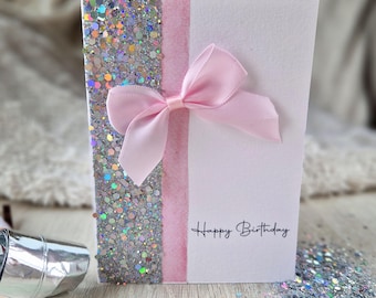 Watercolor glitter birthday card &quot;Happy Birthday&quot; with bow / gift / pink / glitter / birthday card / folding card / birthday