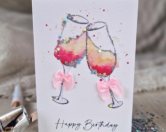 Watercolor Glitter Birthday Card &quot;Happy Birthday&quot; Champagne Glasses / Birthday Card / Folding Card / Champagne / Cheers / Birthday