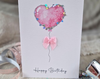 Watercolor glitter birthday card &quot;Happy Birthday&quot; with bow / birthday card / folding card / balloon / heart balloon / birthday