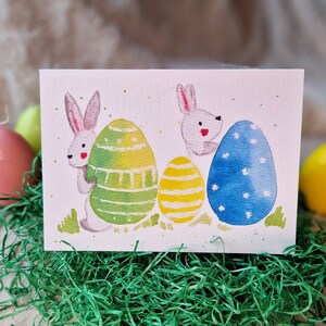 Carte de Pâques aquarelle / Carte de Pâques / carte pliante / carte postale / lapins / Lapin de Pâques / Oeufs de Pâques / Pâques image 1