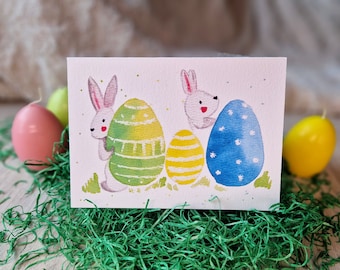 Carte de Pâques aquarelle / Carte de Pâques / carte pliante / carte postale / lapins / Lapin de Pâques / Oeufs de Pâques / Pâques