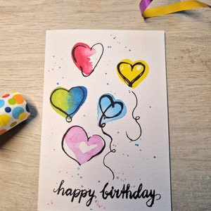 Watercolor birthday card Happy Birthday / birthday card / folding card / hearts / sketchy / colorful / birthday image 2