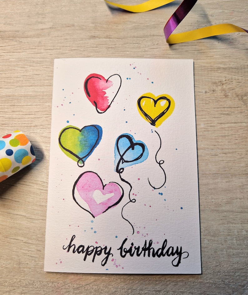 Watercolor birthday card Happy Birthday / birthday card / folding card / hearts / sketchy / colorful / birthday image 2