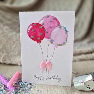 Aquarell Glitzer Geburtstagskarte "Happy Birthday" mit Schleife / Karte zum Geburtstag / Klappkarte / Ballons / Geburtstag / Glitzer