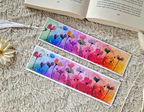 Aquarell Lesezeichen Blumen / bunt / Wiese / Gold / Glitzer / Metallic / Bookmark / watercolor / handmade / Bücher / Geschenk / laminiert