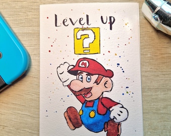 Watercolor birthday card "Level Up" / Super Mario / Nintendo / birthday card / folding card / gaming / level up