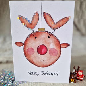 Aquarell Weihnachtskarte "Merry Christmas" / Rentier / Rudolf / Elch / Glitzer / reindeer /  Weihnachten / Klappkarte / Sparkle / Geschenk