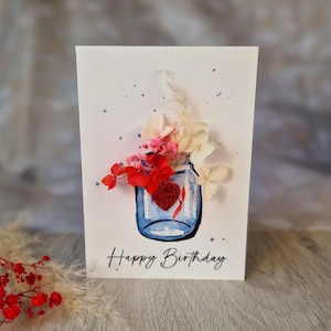 Biglietto acquerello "Happy Birthday" con fiori secchi/bouquet/bicchiere/barattolo/compleanno/regalo