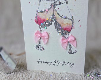 Watercolor glitter birthday card "Happy Birthday" champagne glasses / birthday card / folded card / champagne / cheers / birthday