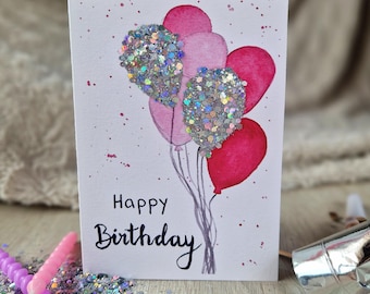 Watercolor Glitter Birthday Card &quot;Happy Birthday&quot; / Birthday Card / Folding Card / Balloons / Birthday / Glitter