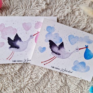 Tarjeta de nacimiento "Hola pequeño milagro" / tarjeta de nacimiento / tarjeta de bebé / pintada a mano / cigüeña / bebé / metálica / rosa / azul / baby shower