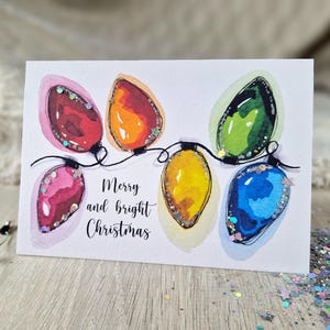 Aquarell Weihnachtskarte "Merry and bright Christmas" / bunte Lichterkette / Glitzer / fairy lights /  Weihnachten / Klappkarte / Sparkle