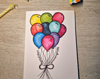 Watercolor birthday card "Congratulations" / birthday card / folding card / balloons / sketchy / colorful / birthday