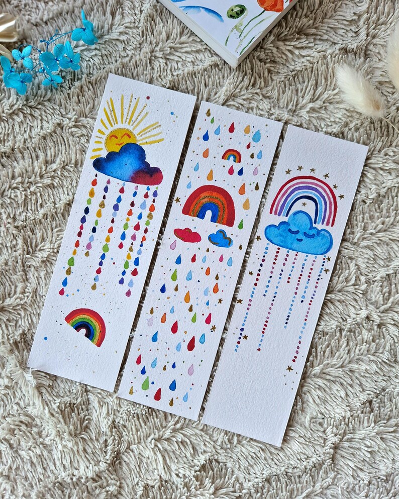 Sun Ranbow Bookmark Watercolor Bookmark Cloud / Rainbow / Gold / Glitter / Metallic ...