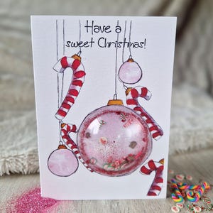 Aquarell Schüttelkarte "Have a sweet Christmas!" / Christbaumkugel / Zuckerstange / Glitzer / Weihnachtskarte / Weihnachten / Geschenk
