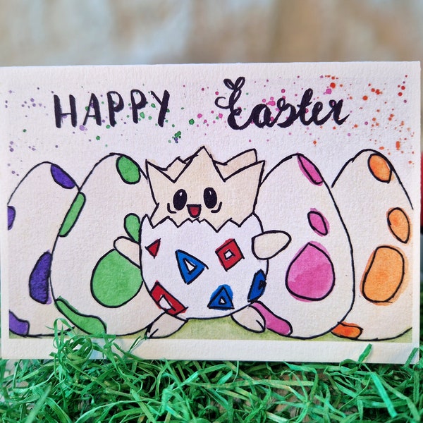 Aquarell Osterkarte "Happy Easter" / Karte zu Ostern / Klappkarte / Togepi / Pokemon / Nintendo
