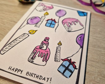 Carte d'anniversaire aquarelle "Joyeux anniversaire" / carte d'anniversaire / carte pliante / gâteau / bougies / cadeau / anniversaire