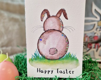 Aquarell Osterkarte "Happy Easter" / Karte zu Ostern / Klappkarte / Hasen / Osterhase / Ostern / Glitzer