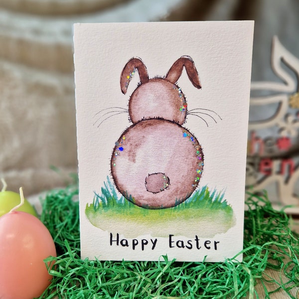 Aquarell Osterkarte "Happy Easter" / Karte zu Ostern / Klappkarte / Hasen / Osterhase / Ostern / Glitzer