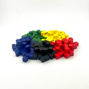 Cubos de madera de colores para juegos de mesa - 8 mm - Rojo, Amarillo, Azul, Verde y Negro