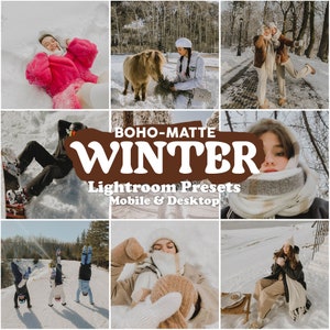 Puede incluir: Un collage de fotos invernales con personas disfrutando de la nieve. Las fotos incluyen a una persona tumbada en la nieve, una persona acariciando un pequeño caballo, dos personas caminando por la nieve, una persona haciendo snowboard, una persona tumbada en la nieve, tres personas haciendo la plancha en la nieve, una persona tumbada en la nieve y una persona sentada en un banco en la nieve. El texto "BOHO-MATTE WINTER Lightroom Presets Mobile & Desktop" se muestra en el centro del collage.