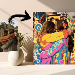 Puede incluir: Una pintura abstracta colorida de dos personas abrazándose. La pintura está hecha en un estilo vibrante con colores fuertes y formas geométricas. Las personas llevan ropa colorida y tienen el pelo largo.