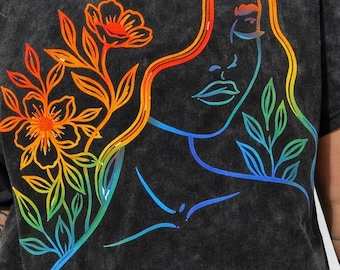 Maglietta grafica con motivo floreale / Maglietta botanica retrò anni '70, Maglietta lavata con acido.