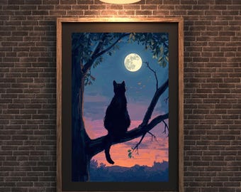 Gato ao Luar — Impressão de Arte de Parede Céu Noturno | Download Digital | Ilustração da Lua