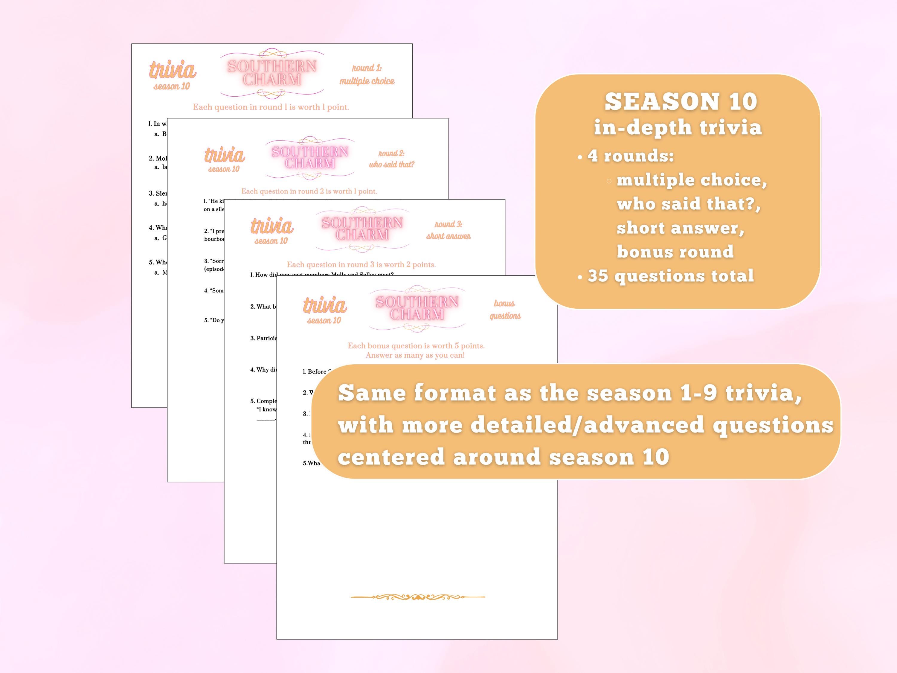 Southern Trivia Southern Charm Trivia Game, Seasons 1-10 Bravo (PDF Download) - Etsy