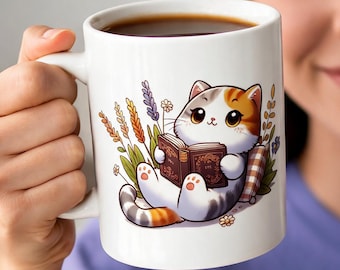 Tazza con gatto che legge - Per gli amanti dei libri e dei gatti, regalo per amanti dei gatti, tazza per amanti dei libri, tazza con gatto, tazza con libro, regali per club del libro per lettori