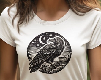 Koszulka z nadrukiem w stylu vintage Raven Block Print – Koszulka Raven, Koszulka Bird, Odzież Witchy, Koszulka Cottagecore, Fantazyjne ubrania, Odzież Cottagecore