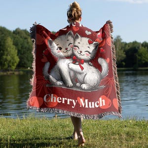 Cat Blanket: &quot;Love You Cherry Much&quot; Woven Cotton Throw