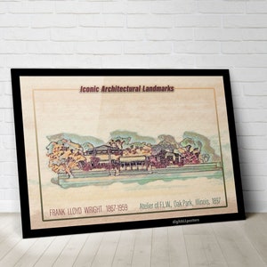 Könnte beinhalten: Eine Vintage-Illustration des Ateliers von Frank Lloyd Wright, ein Gebäude mit Flachdach und einer großen Veranda, umgeben von Bäumen. Der Text "Iconic Architectural Landmarks" befindet sich oben im Bild, und der Text "FRANK LLOYD WRIGHT 1867-1959 Atelier of F.L.W, Oak Park, Illinois, 1897" befindet sich unten.