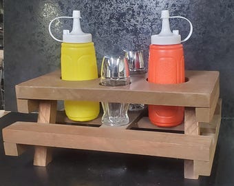 Condimentario de madera hecho a mano para mesa de picnic: soporte rústico para salsa de barbacoa