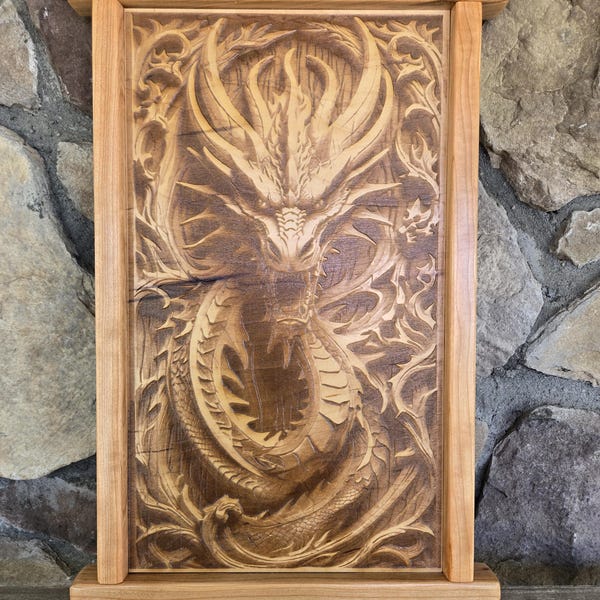 Arte in legno di drago incisa al laser – Cornice in ciliegio, decorazione fantasy (12x19)