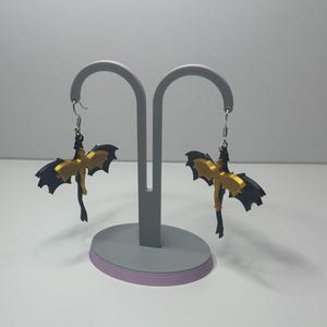 Black & Gold Double Dragon Earrings: 3D Printed Fantasy Jewelry