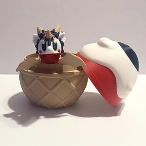 Patriotic Sugar Rush Dragon in Waffle-Cone Egg, Red-White-Blue 3D-Printed Flexi Figure, July 4th Desk Toy & Gift Great 4th of July Display