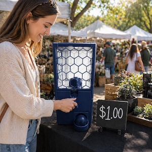 May include: A dark blue gumball machine with a honeycomb design on the front. A person is using the machine at an outdoor market. A small chalkboard sign displays the price.