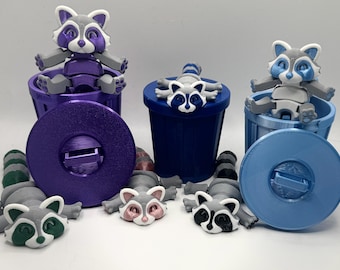 Articulated Raccoon Fidget Toy in Trash Can | 3D Printed Trash Panda Desk Pet | Unique Sensory Stress Relief Gift