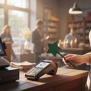 May include: A point-of-sale (POS) terminal with a screen displaying a colorful logo and the words "TAP TO PAY." A green star-shaped wand is held near the terminal. The scene takes place in a store with customers and shelves.