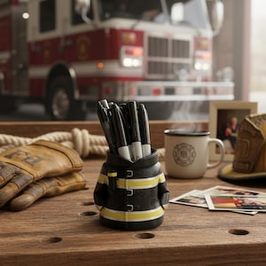 May include: A black and yellow firefighter jacket-shaped pen holder filled with black pens sits on a wooden surface. A fire truck is in the background. Other items include a coffee mug, photos, gloves, and a helmet.