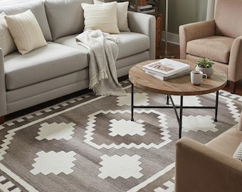 Hand Tufted Wool Rug Southwestern Geometric Tribal Area Rug Cream Terracotta Brown Modern Home