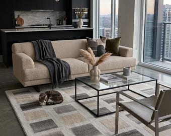 Hand Tufted Wool Rug – Modern Geometric Checkered Carpet for Living Room Home Décor