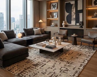 Modern Abstract Textured Area Rug – Beige & Brown Distressed Geometric Pattern Carpet.