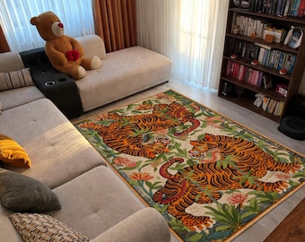 Vintage Tiger Area Rug: Oriental Jungle Style, Exotic Decor
