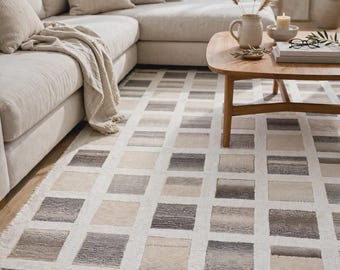 Hand Tufted Wool Rug – Modern Geometric Checkered Carpet for Living Room Home Décor