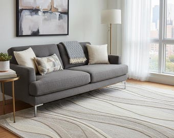 Neutral Wool Area Rug: Modern Beige Grey Wave Pattern