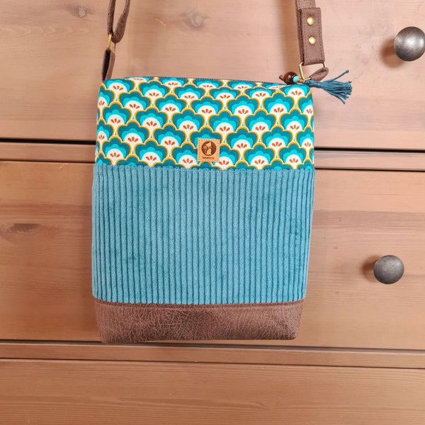 Handbag, women's handbag made of wide cord shell pattern petrol, blue, shoulder bag made of fabric