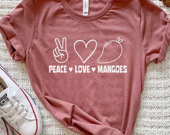 Paz, amor y mangos, camiseta de mango, regalos de mango para ella, camiseta divertida de mango, camiseta de mango para niños, camiseta de frutas, camisetas de mango para mujer, agricultor de mango